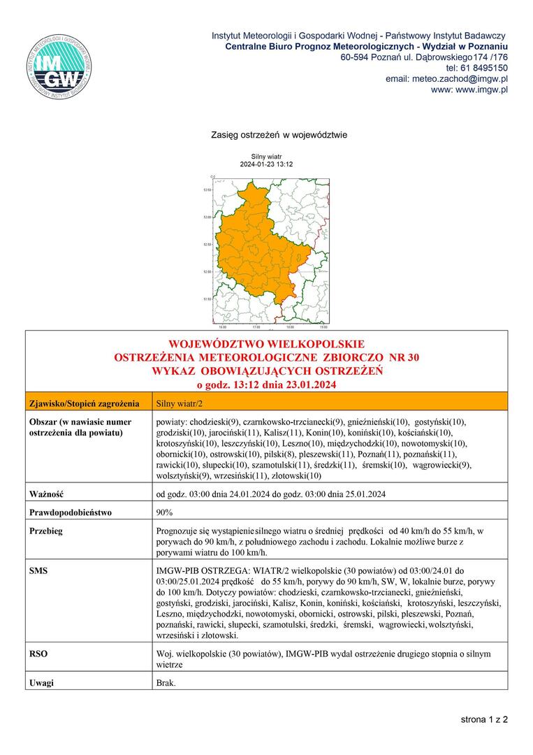 ostrzeżenie meteorologiczne silny wiatr obowiązuje od godz. 03:00 dnia 24.01.2024 do godz. 03:00 dnia 25.01.2024