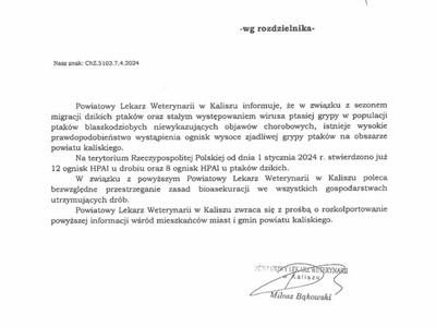 informacja powiatowego lekarza weterynarii dotycząca ptasiej grypy