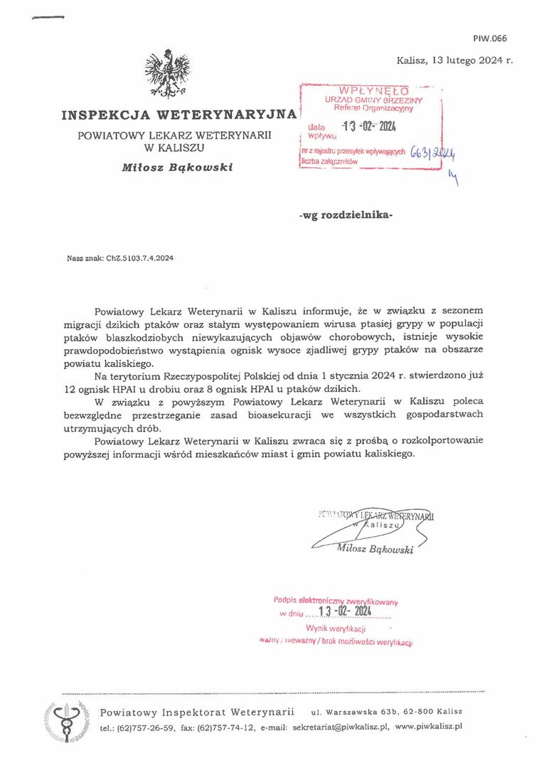 informacja powiatowego lekarza weterynarii dotycząca ptasiej grypy