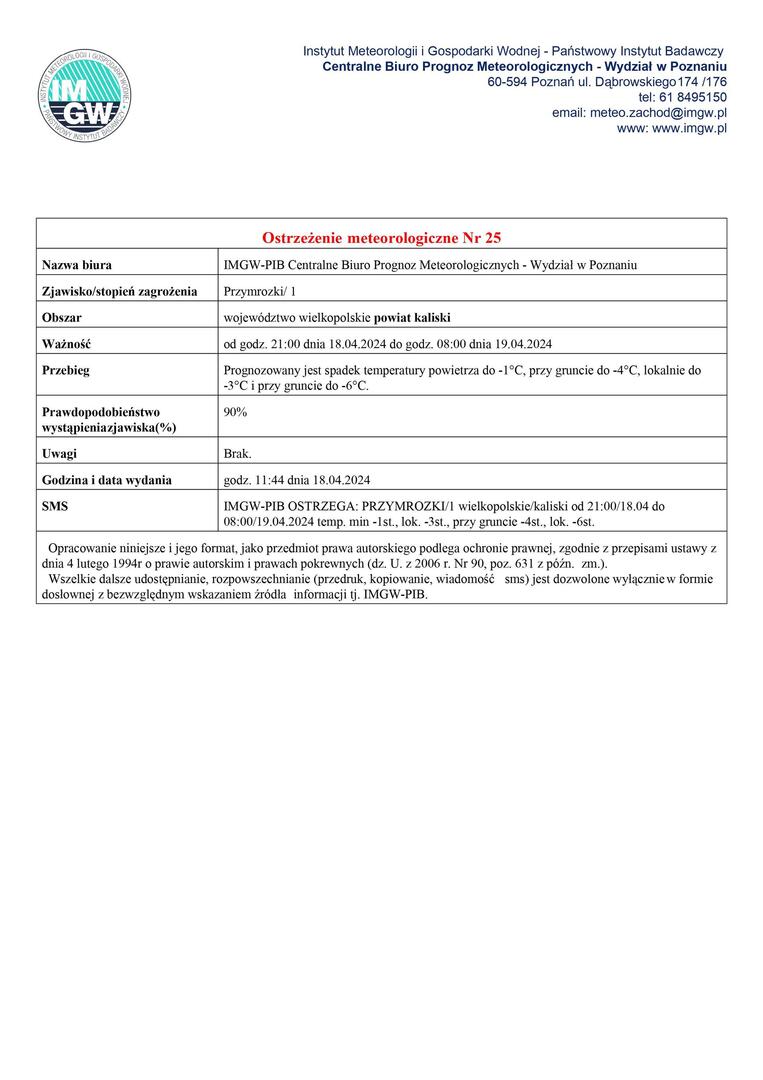 ostrzeżenie meteorologiczne - przymrozki - obowiązuje od godz. 21:00 dnia 18.04.2024 do godz. 08:00 dnia 19.04.2024