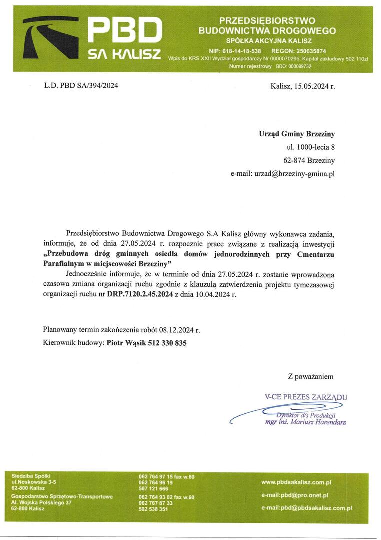 informacja o rozpoczęciu prac drogowych na osiedlu przy cmentarzu