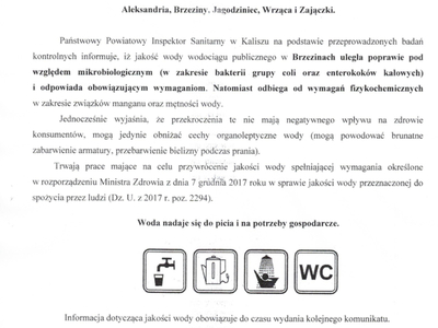 komunikat dotyczący jakości wody