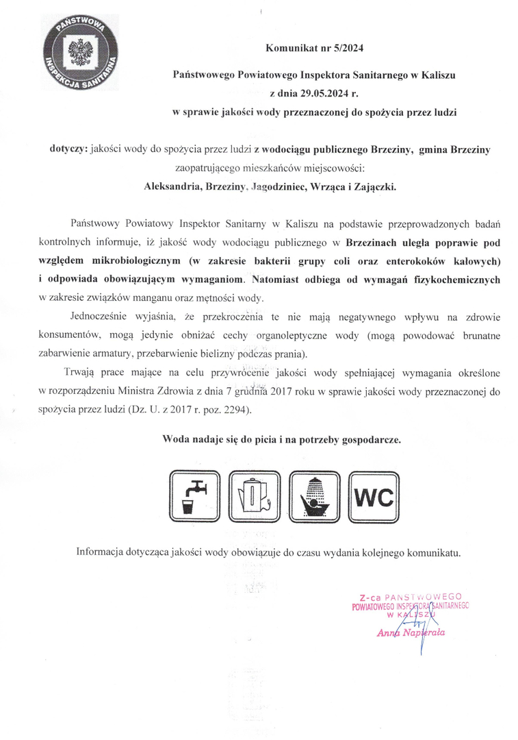 komunikat dotyczący jakości wody