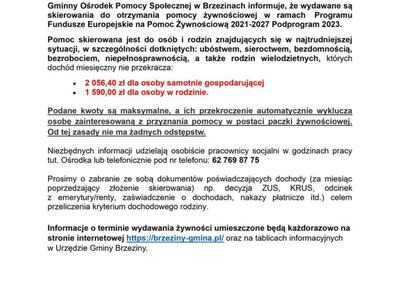 Informacja dotycząca wydawania skierowań na pomoc żywnościową