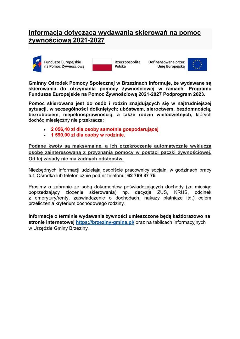 Informacja dotycząca wydawania skierowań na pomoc żywnościową 