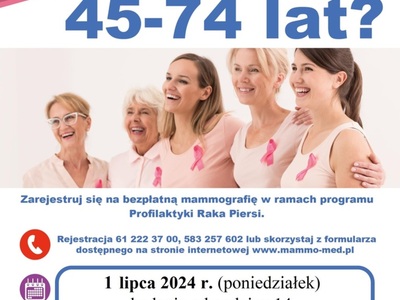 zaproszenie na bezpłatną mammografię 1 lipca 2024 od godziny 14 przy urzędzie gminy