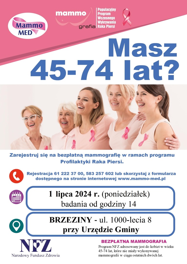 zaproszenie na bezpłatną mammografię 1 lipca 2024 od godziny 14 przy urzędzie gminy