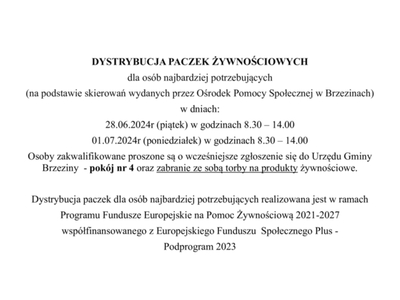 ogłoszenie dystrybucja paczek dla najbardziej potzrebujących