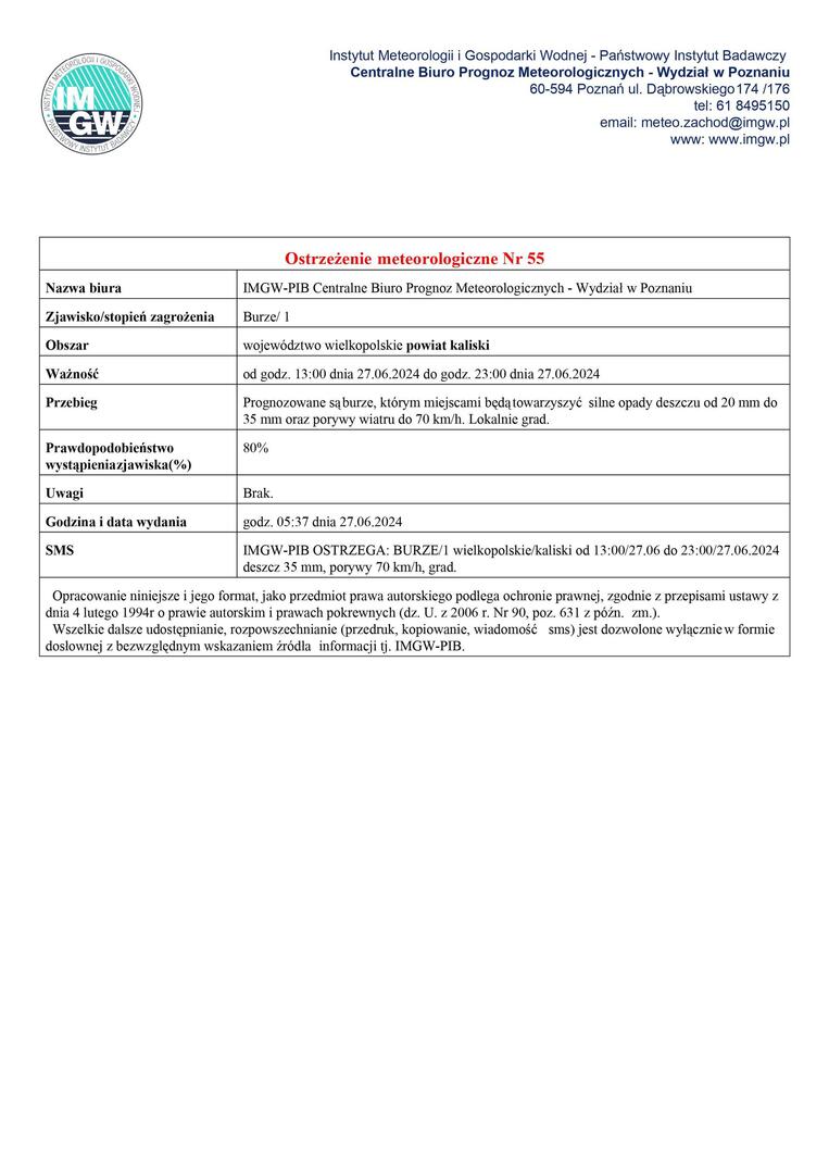 ostrzeżenie meteorologiczne - burze - obowiązuje od godz. 13:00 dnia 27.06.2024 do godz. 23:00 dnia 27.06.2024