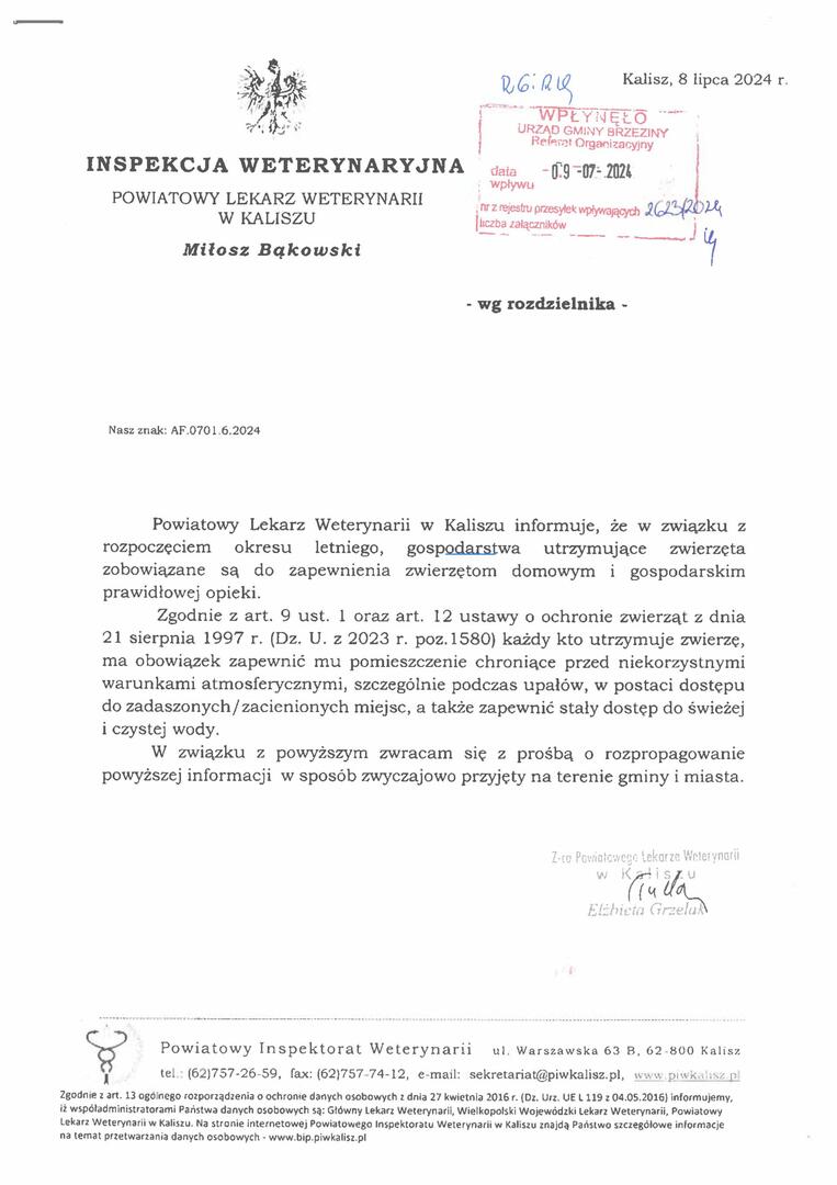 informacja inspekcji weterynaryjnej o zapewnieniu zwierzętom prawidłowej opieki