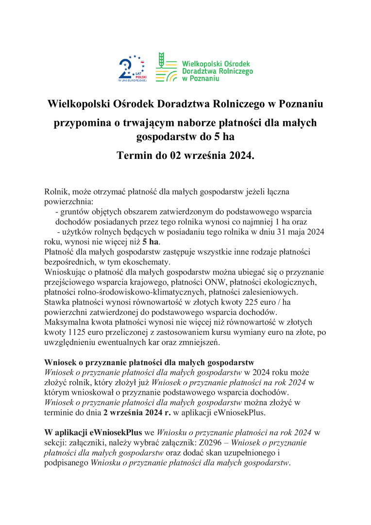 WODR w Poznaniu przypomina o naborze płatności dla małych gospodarstw do 5 h