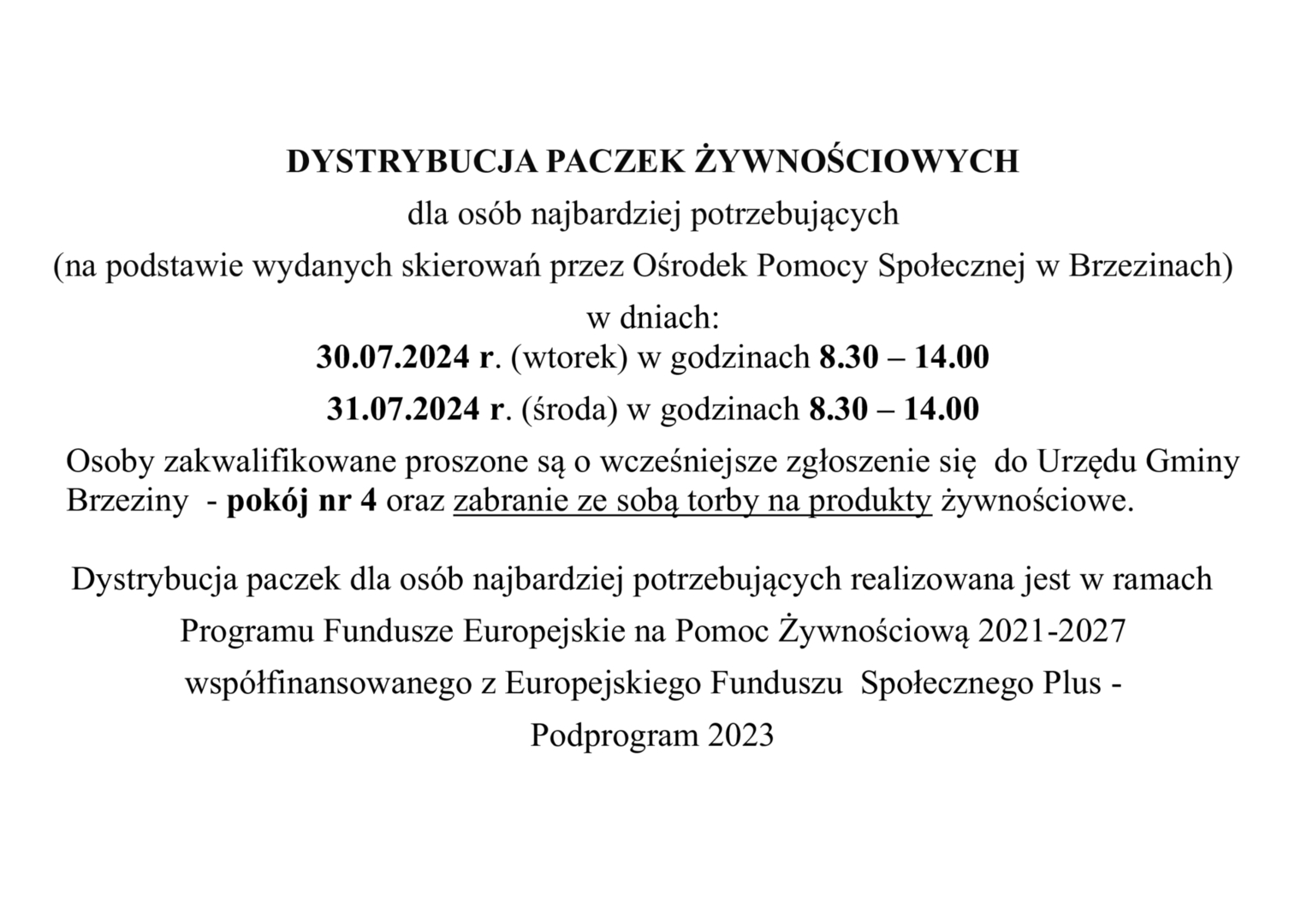 dystrybucja paczek żywnościowych dla najbardziej potrzebujących