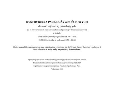DYSTRYBUCJA PACZEK ŻYWNOŚCIOWYCH DLA NAJBARDZIEJ POTRZEBUJĄCYCH