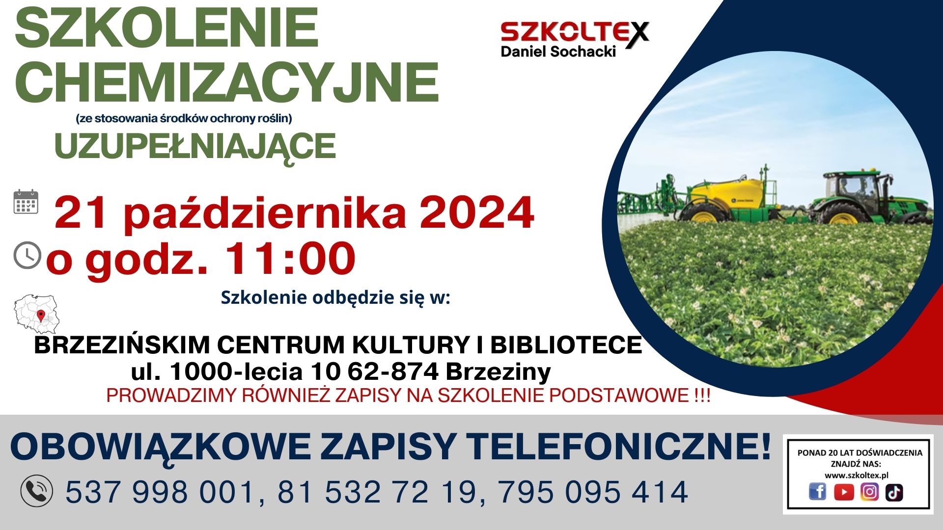 SZKOLENIE W ZAKRESIE STOSOWANIA ŚRODKÓW OCHRONY ROŚLIN (SZKOLENIE CHEMIZACYJNE UZUPEŁNIAJĄCE)