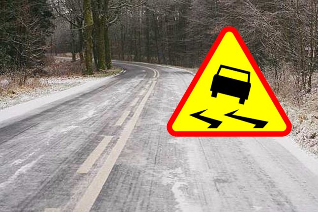 Śliska droga i znak ostrzegawczy