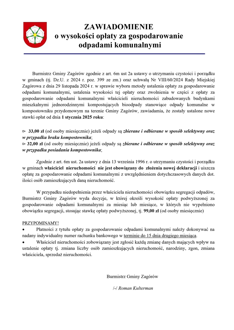 Zawiadomienie o wysokości opłaty 