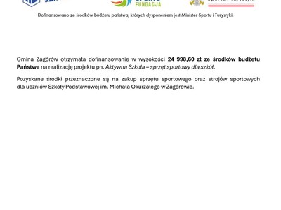 Informacja o otrzymanym dofinansowaniu z budżetu Państwa na realizację projektu pn. Aktywna Szkoła – sprzęt sportowy dla szkół.