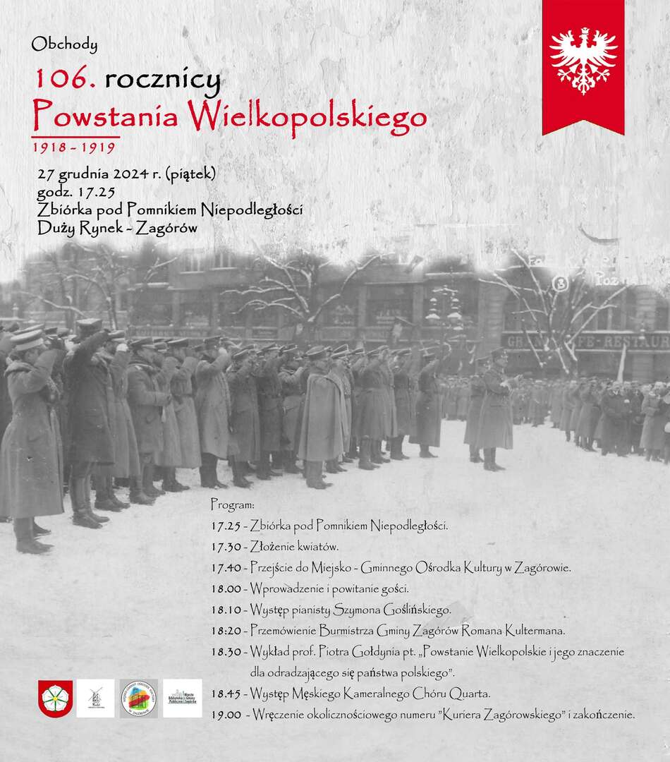 Plakat informujący o obchody 106 rocznicy Powstania Wielkopolskiego