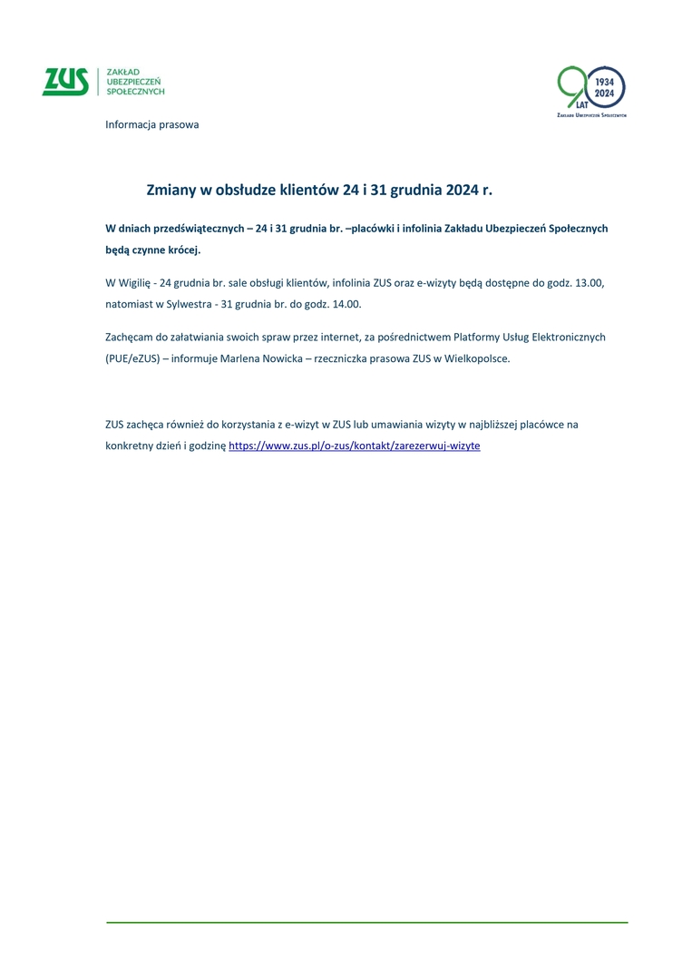 Zmiany w obsłudze klientów 24 i 31 grudnia 2024 r.