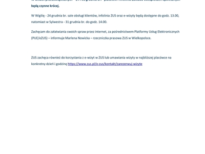 Zmiany w obsłudze klientów 24 i 31 grudnia 2024 r.