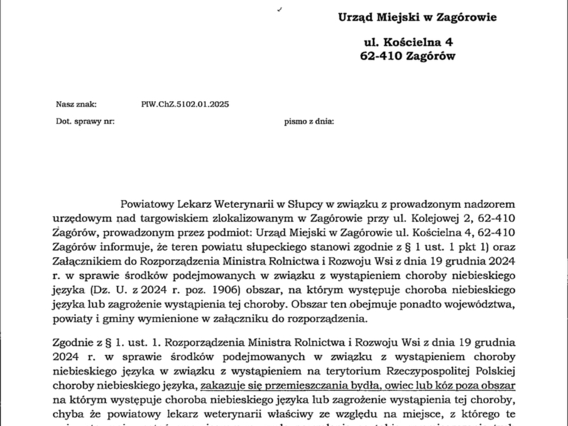 Informacja Powiatowego Lekarza Weterynarii w Słupcy dotycząca  przemieszczeń bydła na targowisku - choroba niebieskiego języka
