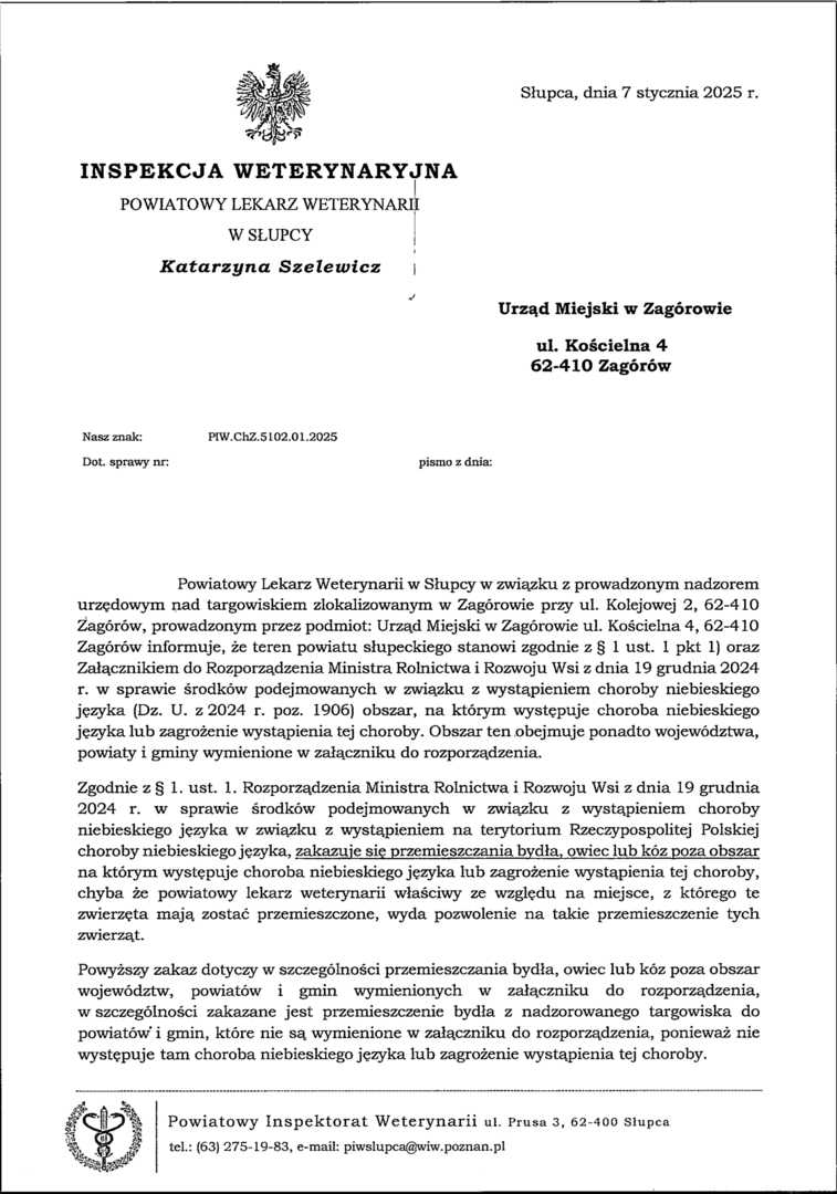 Informacja Powiatowego Lekarza Weterynarii w Słupcy dotycząca  przemieszczeń bydła na targowisku - choroba niebieskiego języka