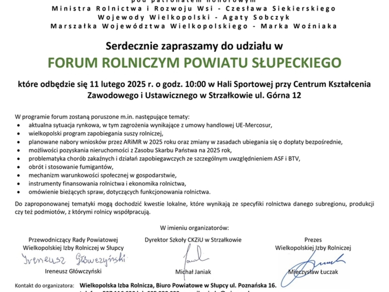 zaproszenie na Forum Rolnicze powiatu słupeckiego