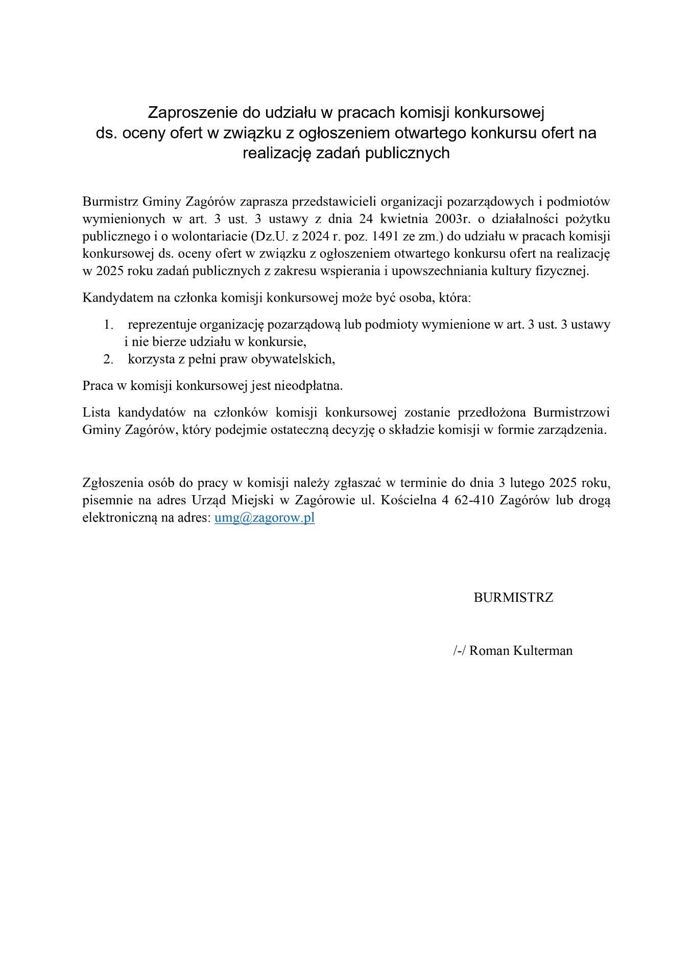 Zaproszenie do udziału w pracach komisji konkursowej ds. oceny ofert w związku z ogłoszeniem otwartego konkursu ofert na realizację zadań publicznych