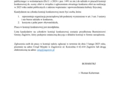 Zaproszenie do udziału w pracach komisji konkursowej ds. oceny ofert w związku z ogłoszeniem otwartego konkursu ofert na realizację zadań publicznych