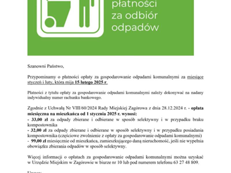 Przypomnienie o terminie płatności opłaty za gospodarowanie odpadami komunalnymi.