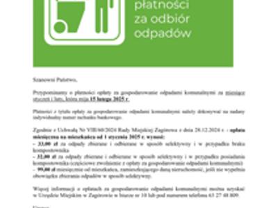 Przypomnienie o terminie płatności opłaty za gospodarowanie odpadami komunalnymi.