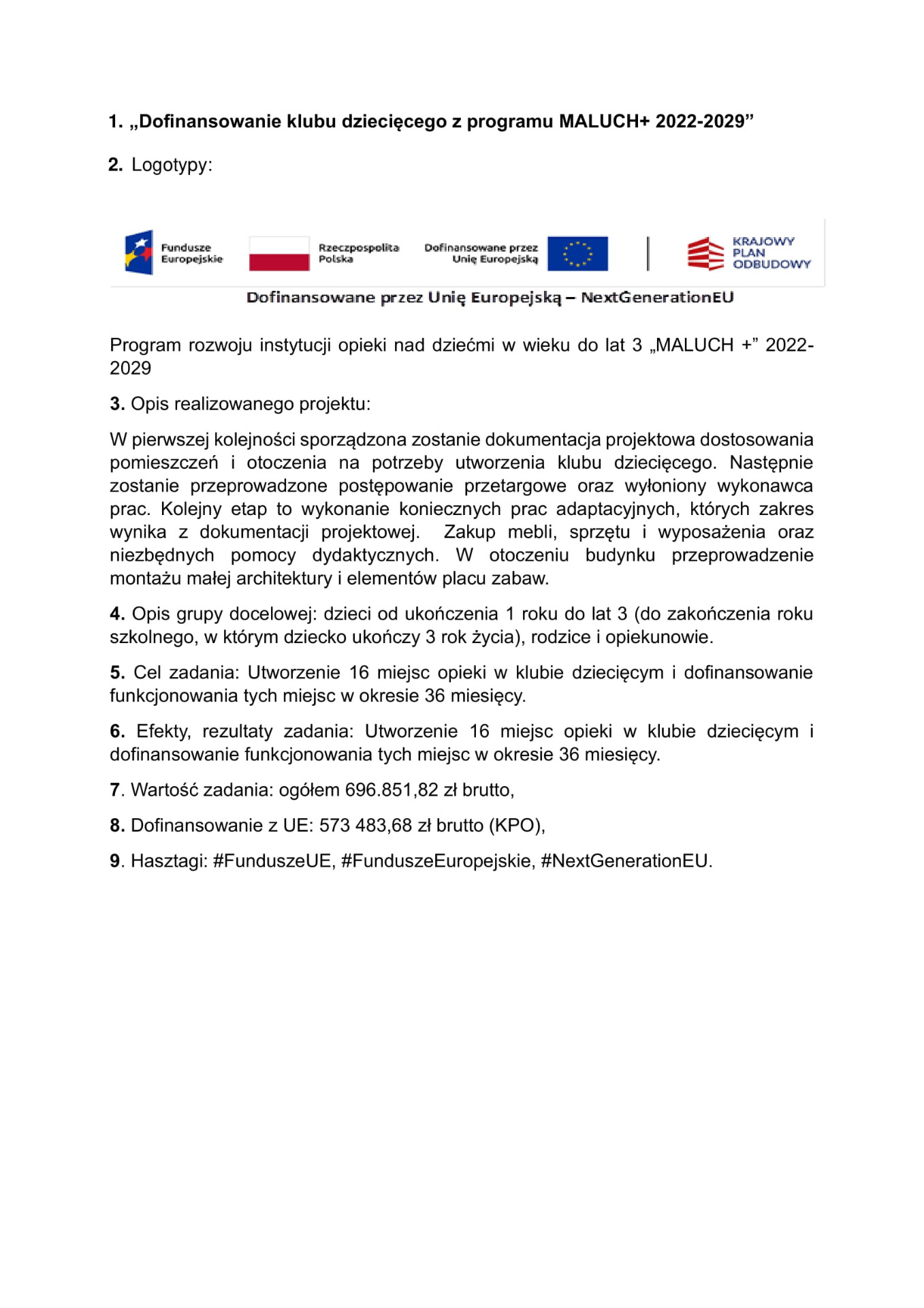 Dofinansowanie klubu dziecięcego z programu MALUCH+ 2022-2029