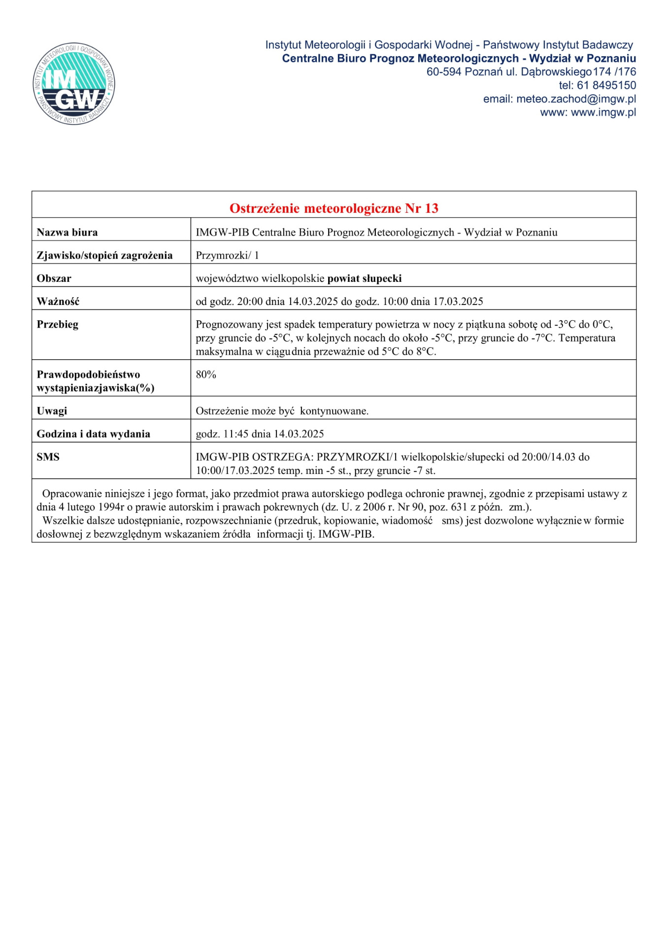Ostrzeżenie meteorologiczne Nr 13