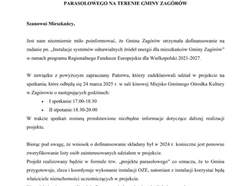 INFORMACJA DOTYCZĄCA DALSZYCH ETAPÓW REALIZACJI PROJEKTU PARASOLOWEGO NA TERENIE GMINY ZAGÓRÓW