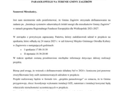 INFORMACJA DOTYCZĄCA DALSZYCH ETAPÓW REALIZACJI PROJEKTU PARASOLOWEGO NA TERENIE GMINY ZAGÓRÓW