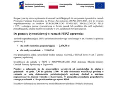 WYDAWANIE SKIEROWAŃ DO OTRZYMANIA POMOCY ŻYWNOŚCIOWEJ w ramach FEPŻ 2021-2027 PODPROGRAM 2024