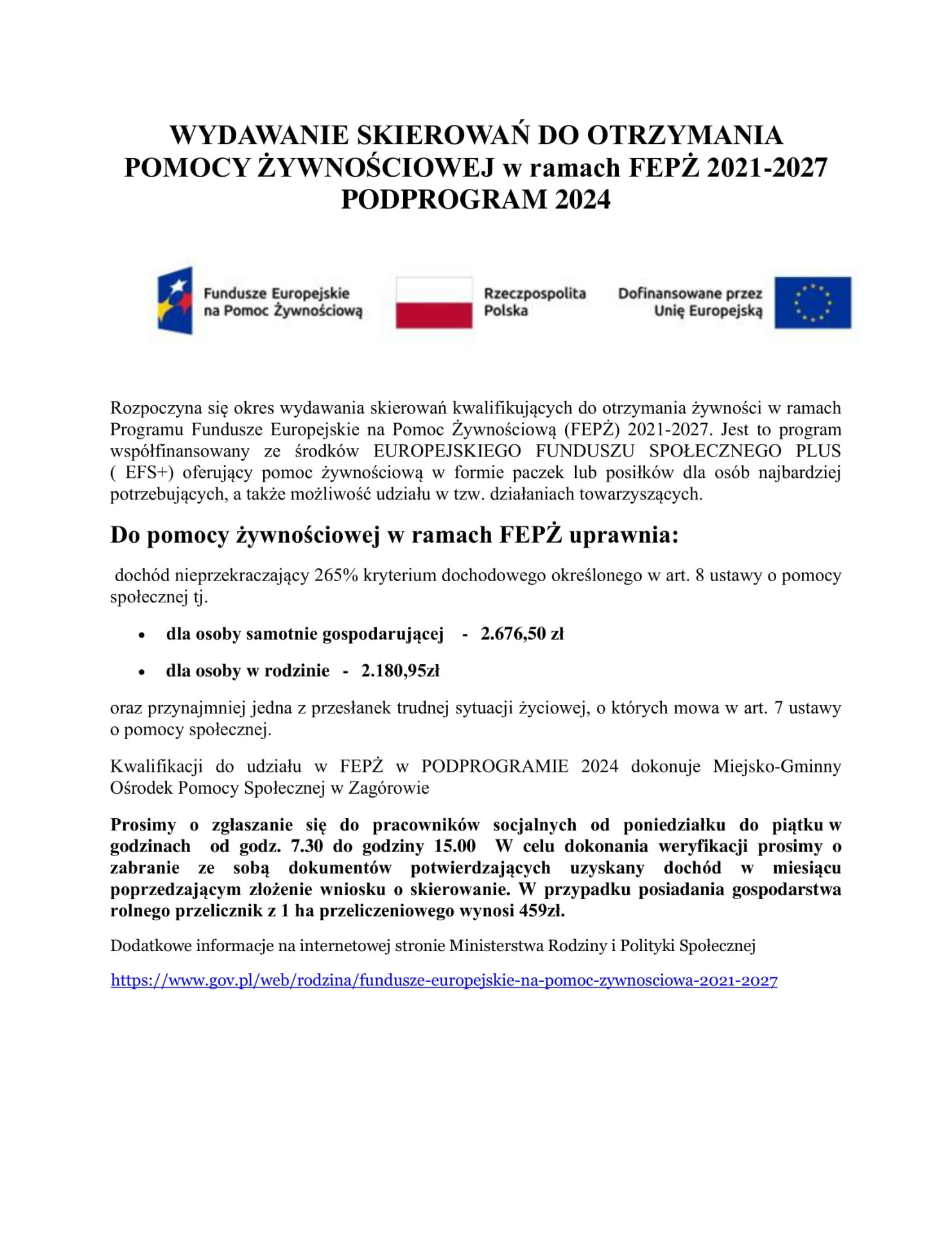 WYDAWANIE SKIEROWAŃ DO OTRZYMANIA POMOCY ŻYWNOŚCIOWEJ w ramach FEPŻ 2021-2027 PODPROGRAM 2024