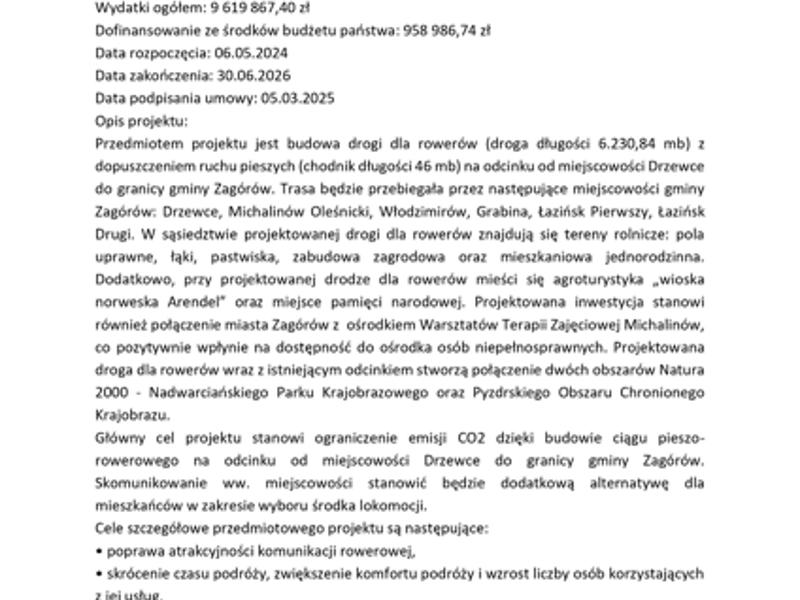 Budowa drogi dla rowerów z dopuszczeniem ruchu pieszych na odcinku od m. Drzewce do granicy Gminy
