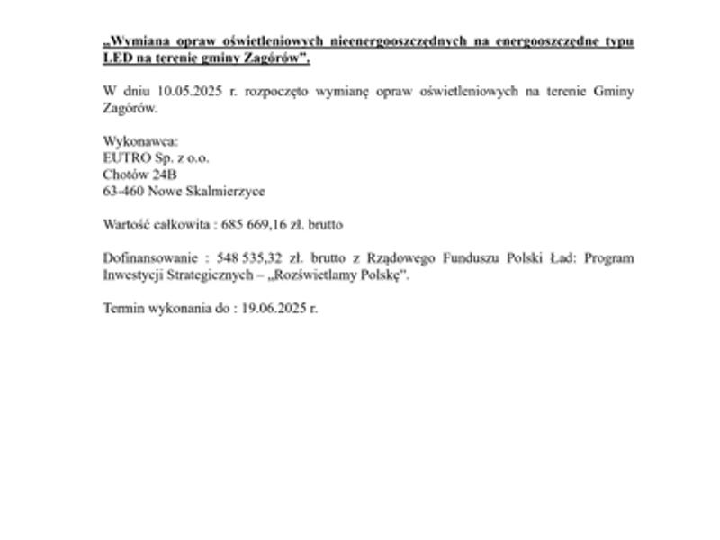 „Wymiana opraw oświetleniowych nieenergooszczędnych na energooszczędne typu LED na terenie gminy Zagórów”.