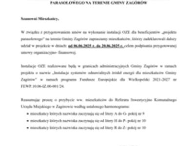 INFORMACJA DOTYCZĄCA DALSZYCH ETAPÓW REALIZACJI PROJEKTU PARASOLOWEGO NA TERENIE GMINY ZAGÓRÓW