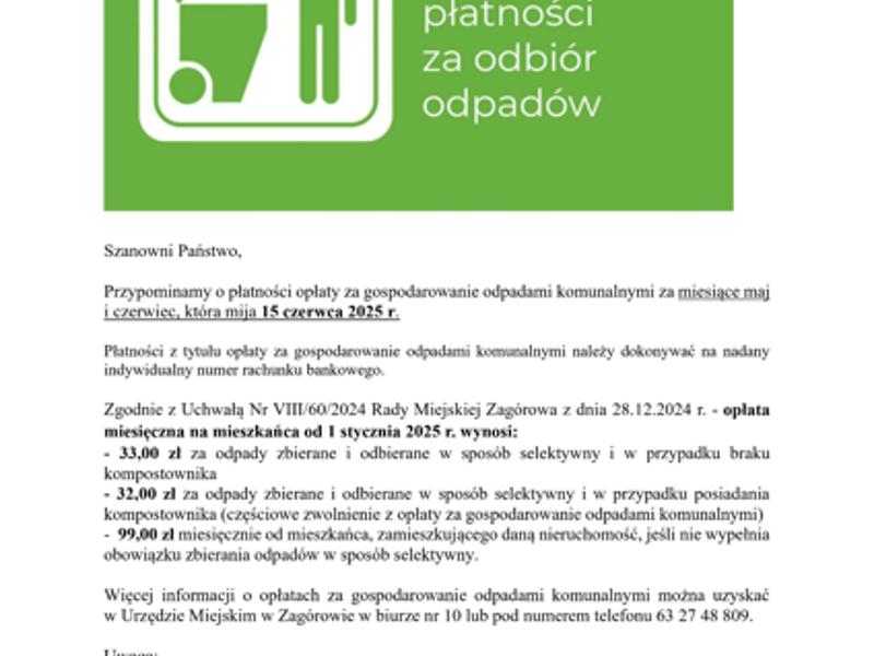 Przypomnienie o terminie płatności opłaty za opdady komunalne