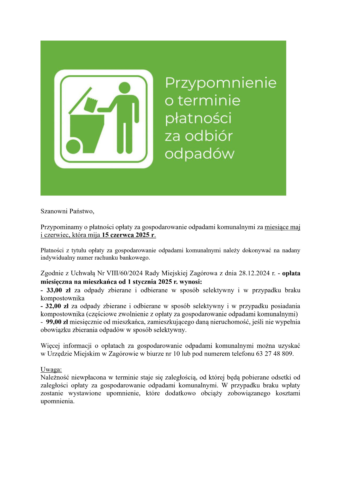 Przypomnienie o terminie płatności opłaty za opdady komunalne