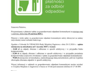 Przypomnienie o terminie płatności opłaty za opdady komunalne