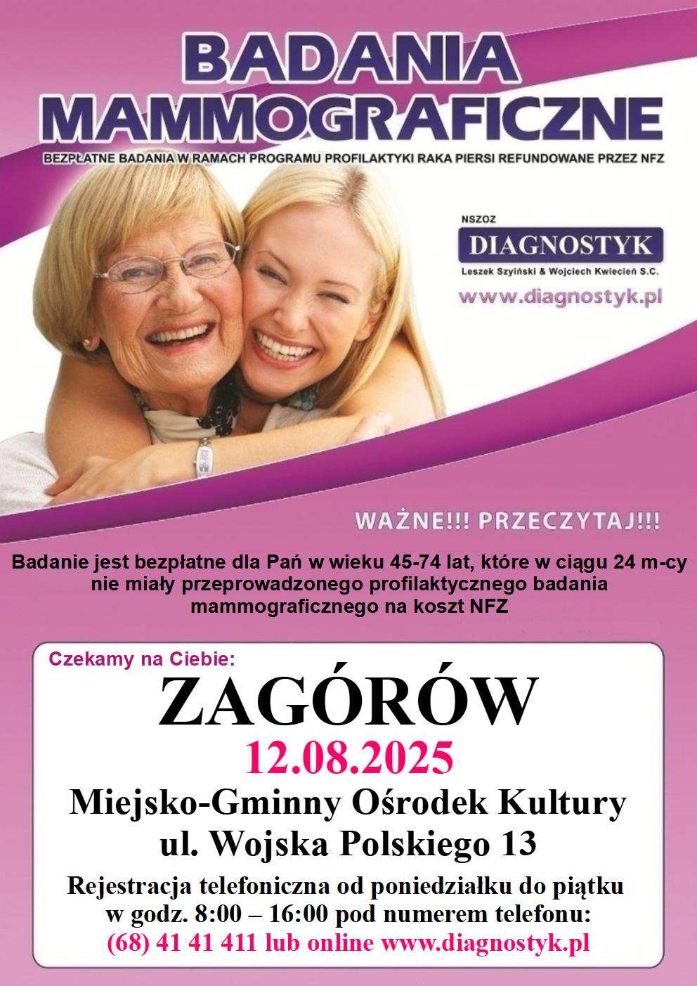 Bezpłatne badania mammograficzne (SIERPIEŃ) - ZAGÓRÓW