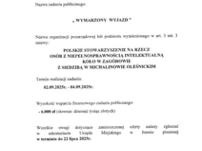 Ogłoszenie o złożonej ofercie realizacji zadania publicznego