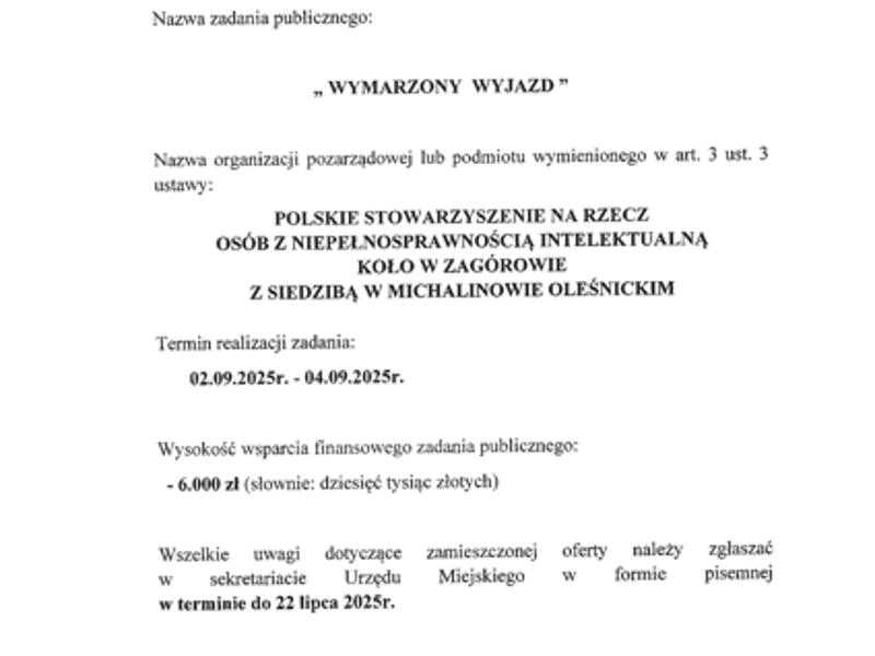 Ogłoszenie o złożonej ofercie realizacji zadania publicznego