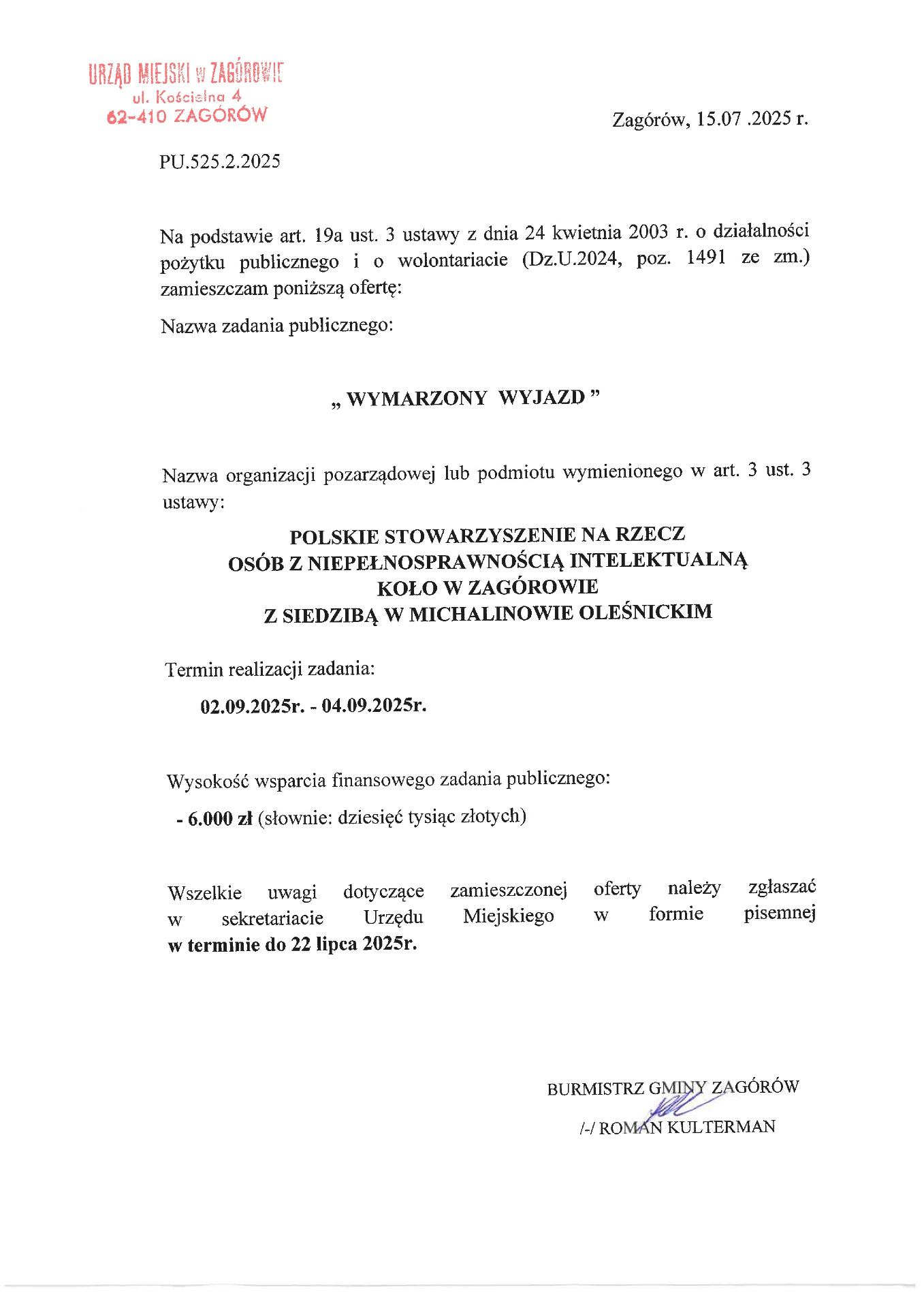 Ogłoszenie o złożonej ofercie realizacji zadania publicznego