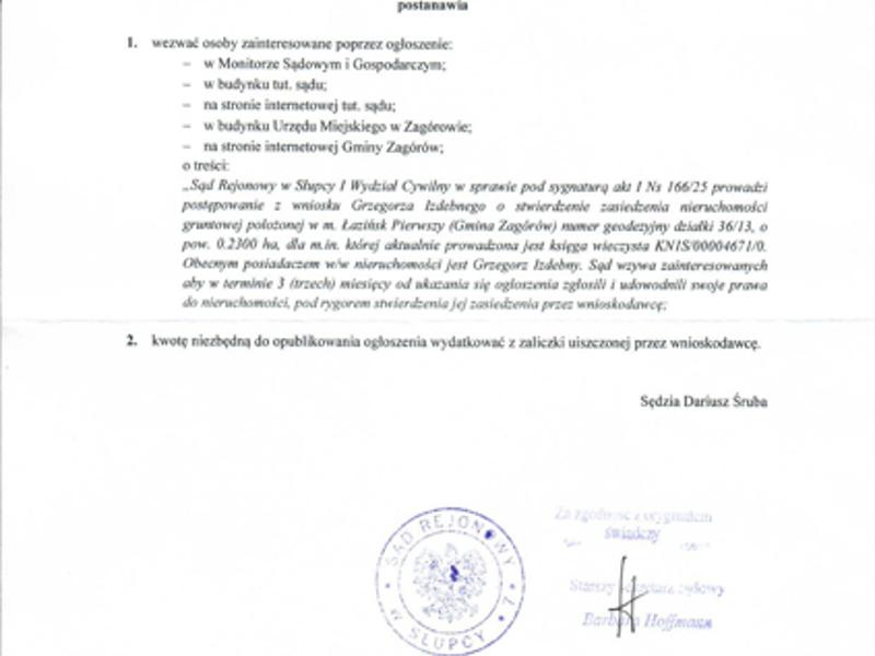 Odpis postanoweinia Sądu Rejonowego w Słupcy