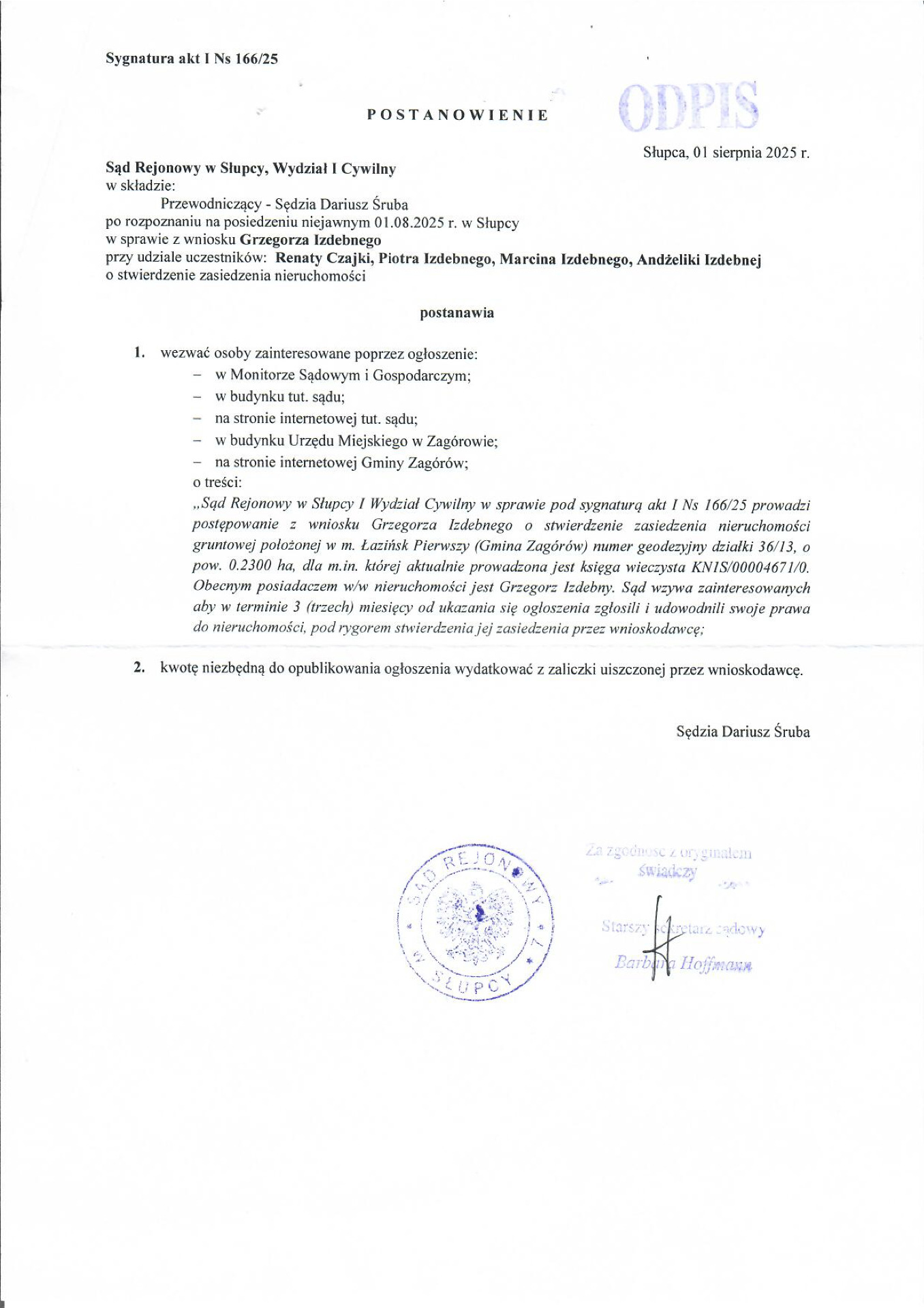 Odpis postanoweinia Sądu Rejonowego w Słupcy 