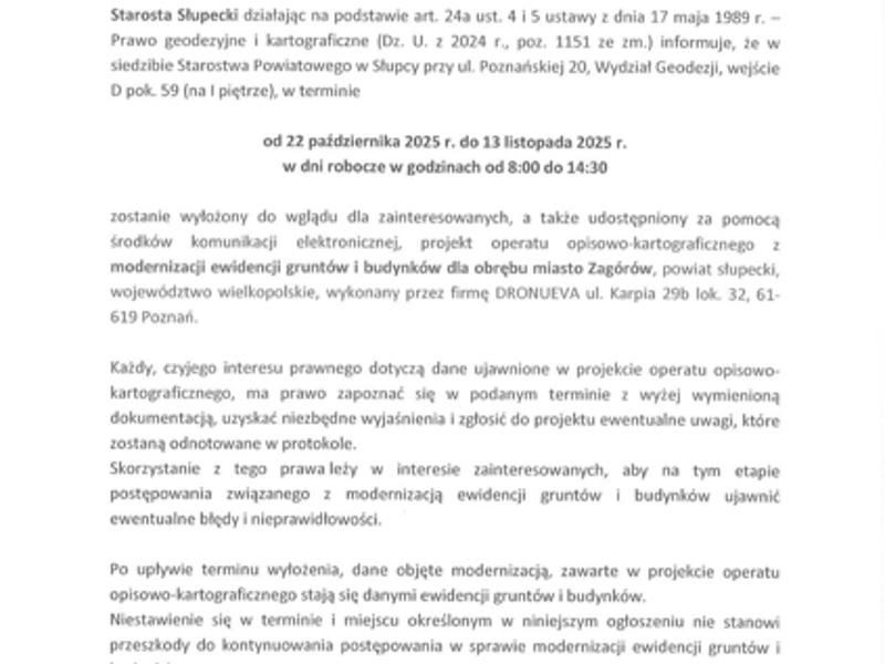 Projekt operatu opisowo-kartograficznego z modernizacji ewidencji gruntów i budynków dla obrębu miasto Zagórów